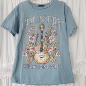 Country Music Festival Guitar Girls Shirt, Blue, Brown, Floral, Small
